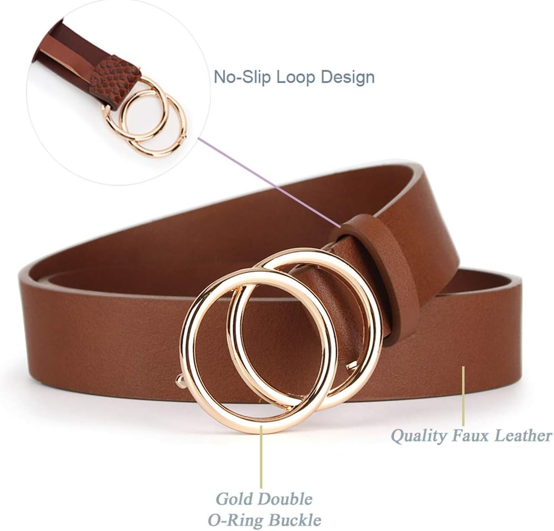 UnFader Pack 2 Women Belts for Jeans with Fashion Double O-Ring Buckle and Faux Leather