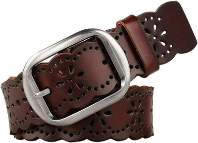 JASGOOD Women's Hollow Flower Genuine Leather Belt for Jeans Pants Wide Belt for Ladies