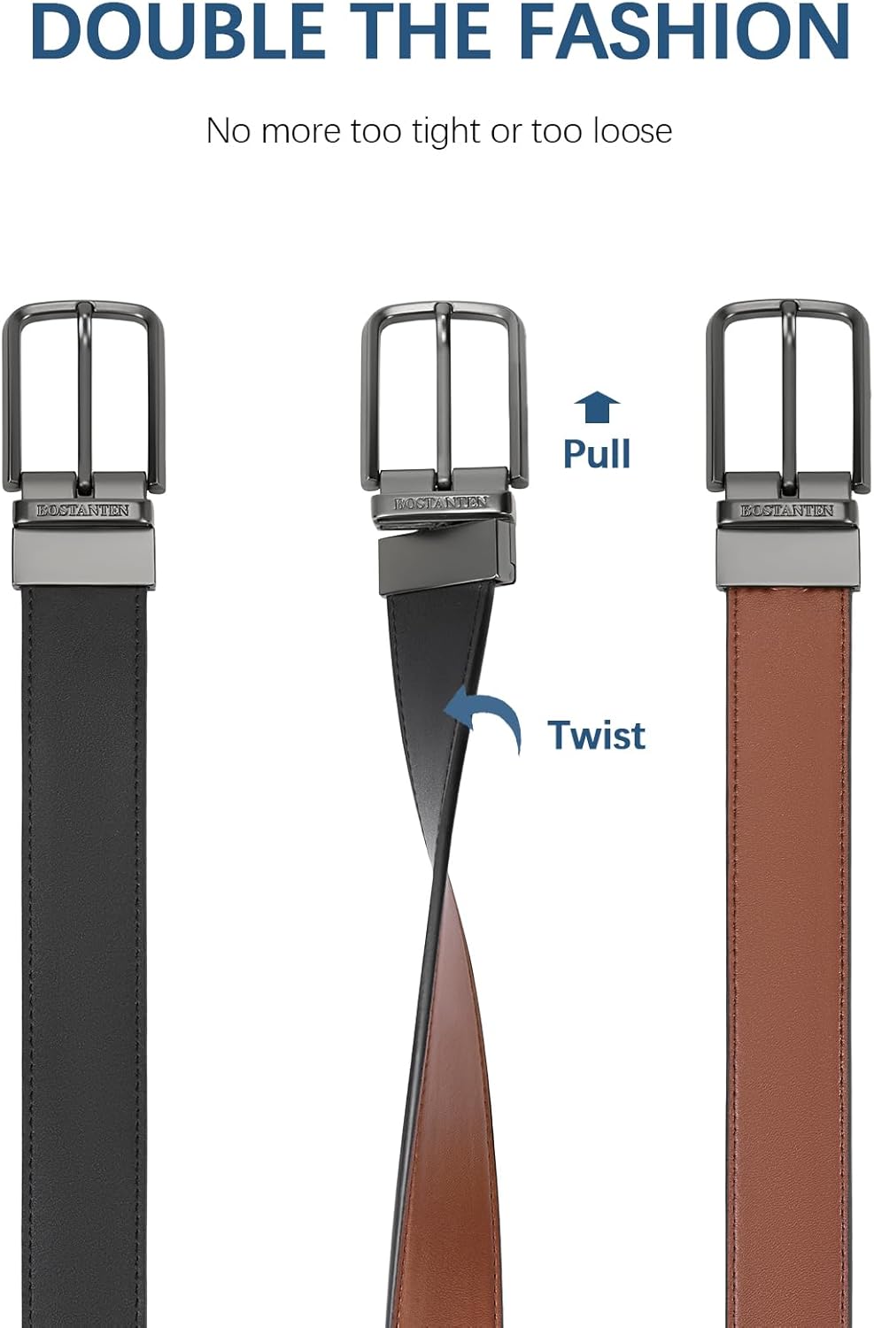 BOSTANTEN Belt Men Leather Reversible Belts for Men 1 3/8" for Casual Golf Dress Pants, Two-in-One Belt Gift