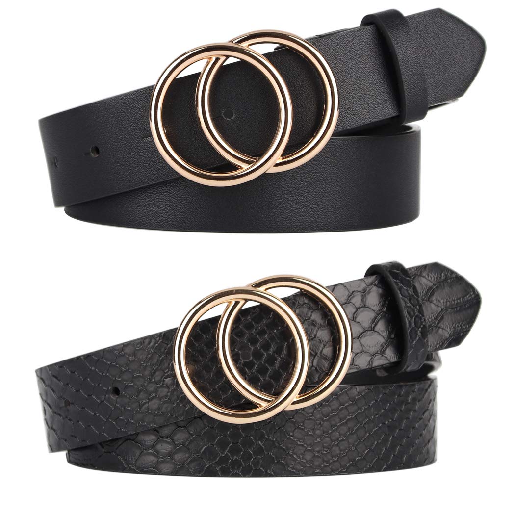 UnFader Pack 2 Women Belts for Jeans with Fashion Double O-Ring Buckle and Faux Leather