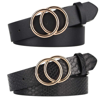 UnFader Pack 2 Women Belts for Jeans with Fashion Double O-Ring Buckle and Faux Leather