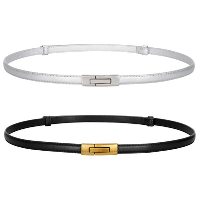 LEACOOLKEY Women Skinny Leather Belts Ladies Thin Waist Belts with Alloy Buckle for Dresses