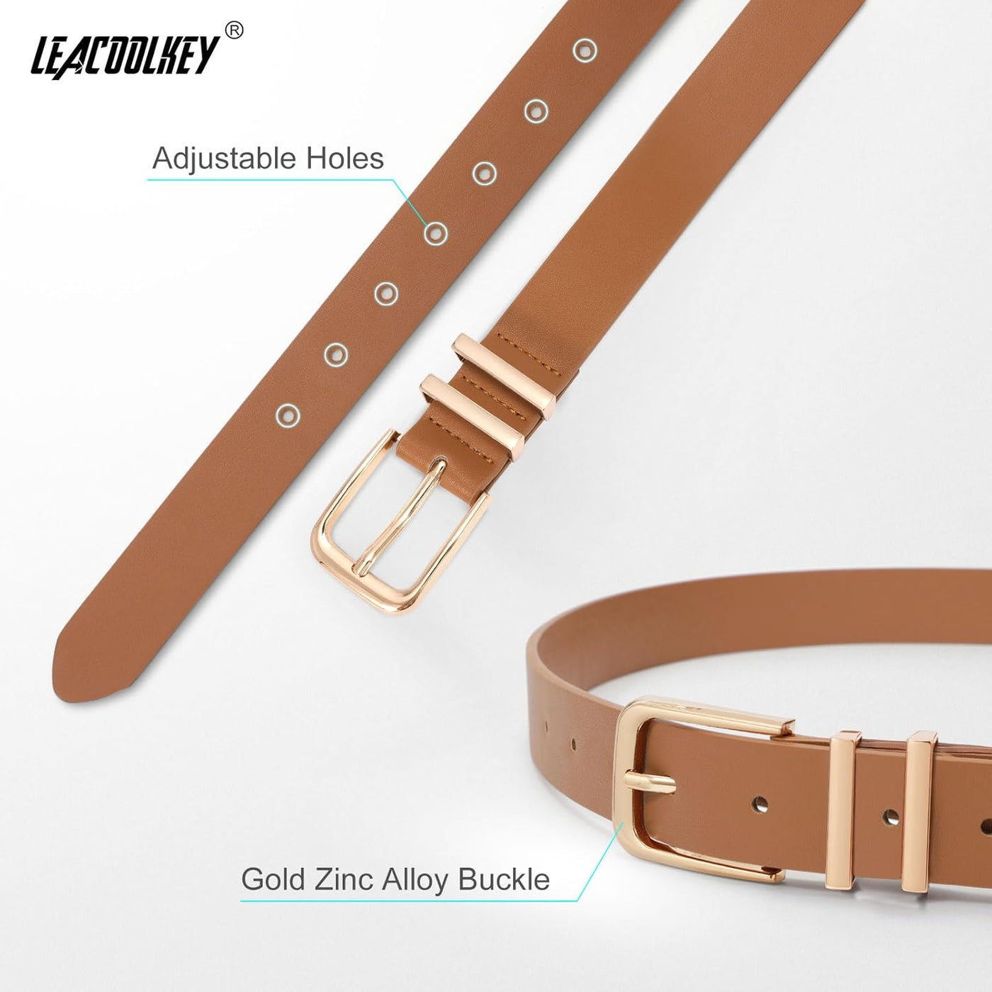 LEACOOLKEY 3 Pack Women's Leather Belts for Jeans Dress Pants Fashion Ladies Leather Belts with Gold/Sliver Buckle