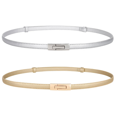 LEACOOLKEY Women Skinny Leather Belts Ladies Thin Waist Belts with Alloy Buckle for Dresses
