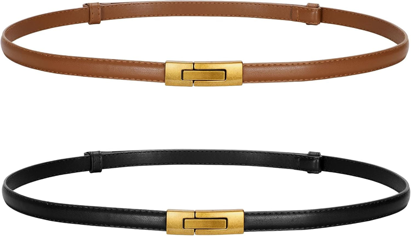 LEACOOLKEY Women Skinny Leather Belts Ladies Thin Waist Belts with Alloy Buckle for Dresses