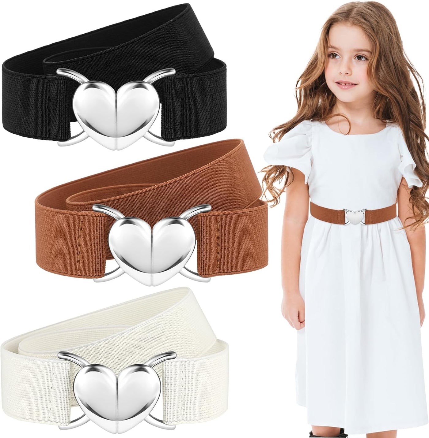 ASTER 3Pcs Girls Belts, Elastic Toddler Belts for Girls, Cute Stretch Kids Belt Adjustable Toddler Belts with Heart Buckle for Boys Girls