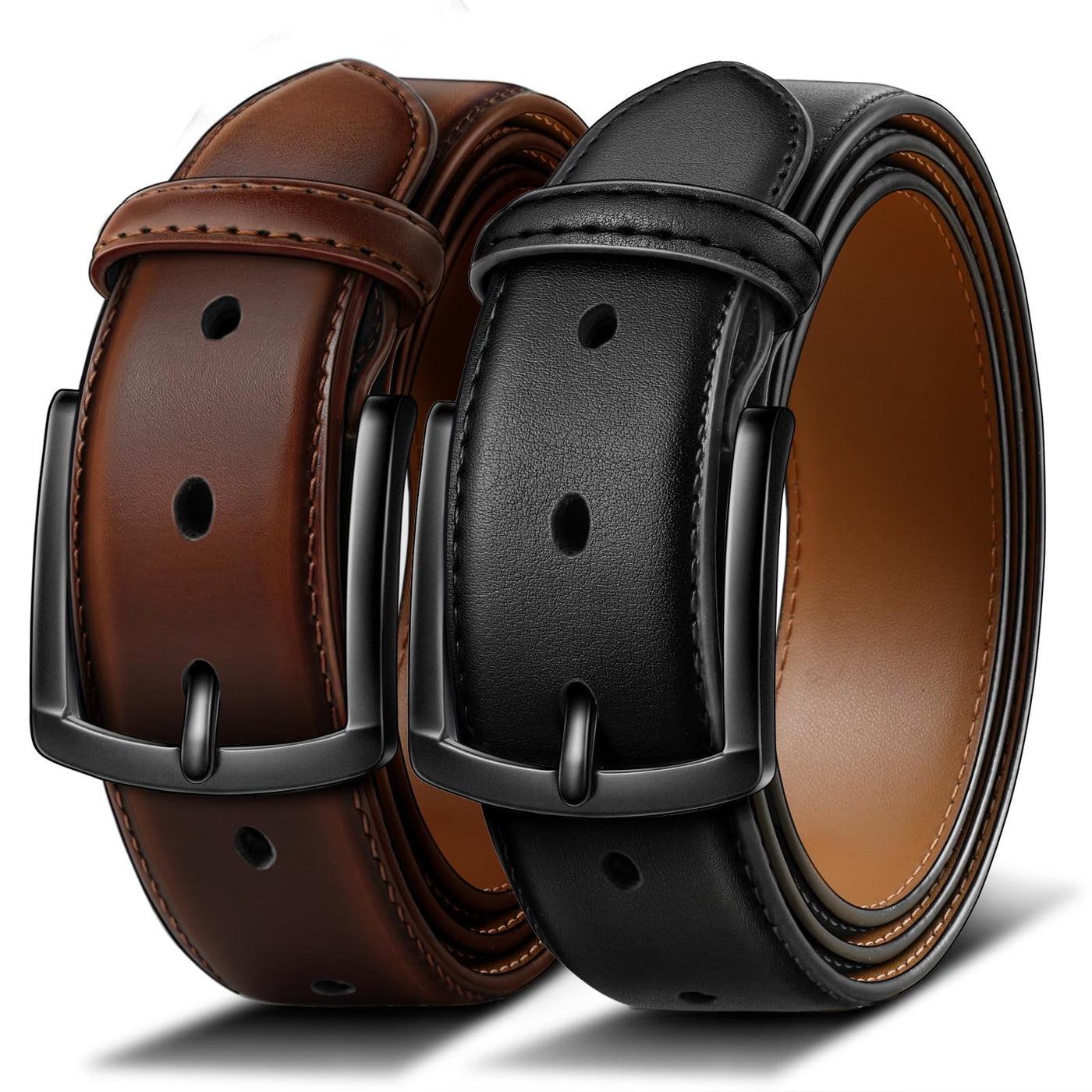 BULLIANT Men Belt 2Pack-Leather Belt 7Holes Comfortable For Men's Dress Casual Jeans 1 3/8"