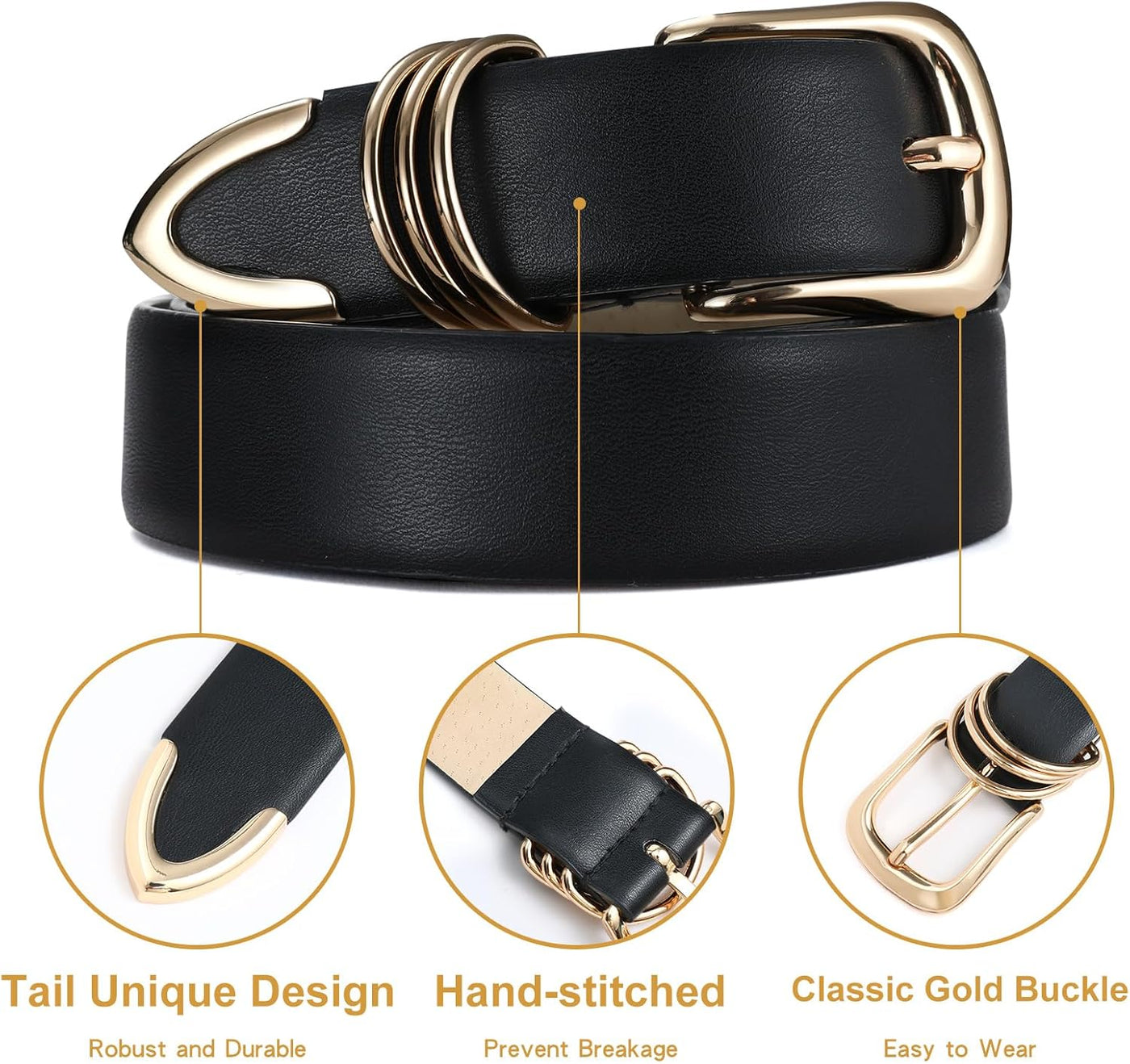 Women's Leather Belts with Gold Buckle Fashion Leather Waist Belt Elegant Ladies Belts for Jeans Dress & Casual Wear