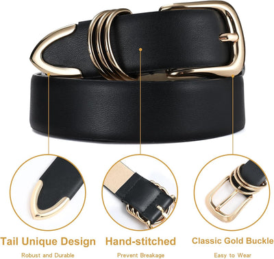 Women's Leather Belts with Gold Buckle Fashion Leather Waist Belt Elegant Ladies Belts for Jeans Dress & Casual Wear