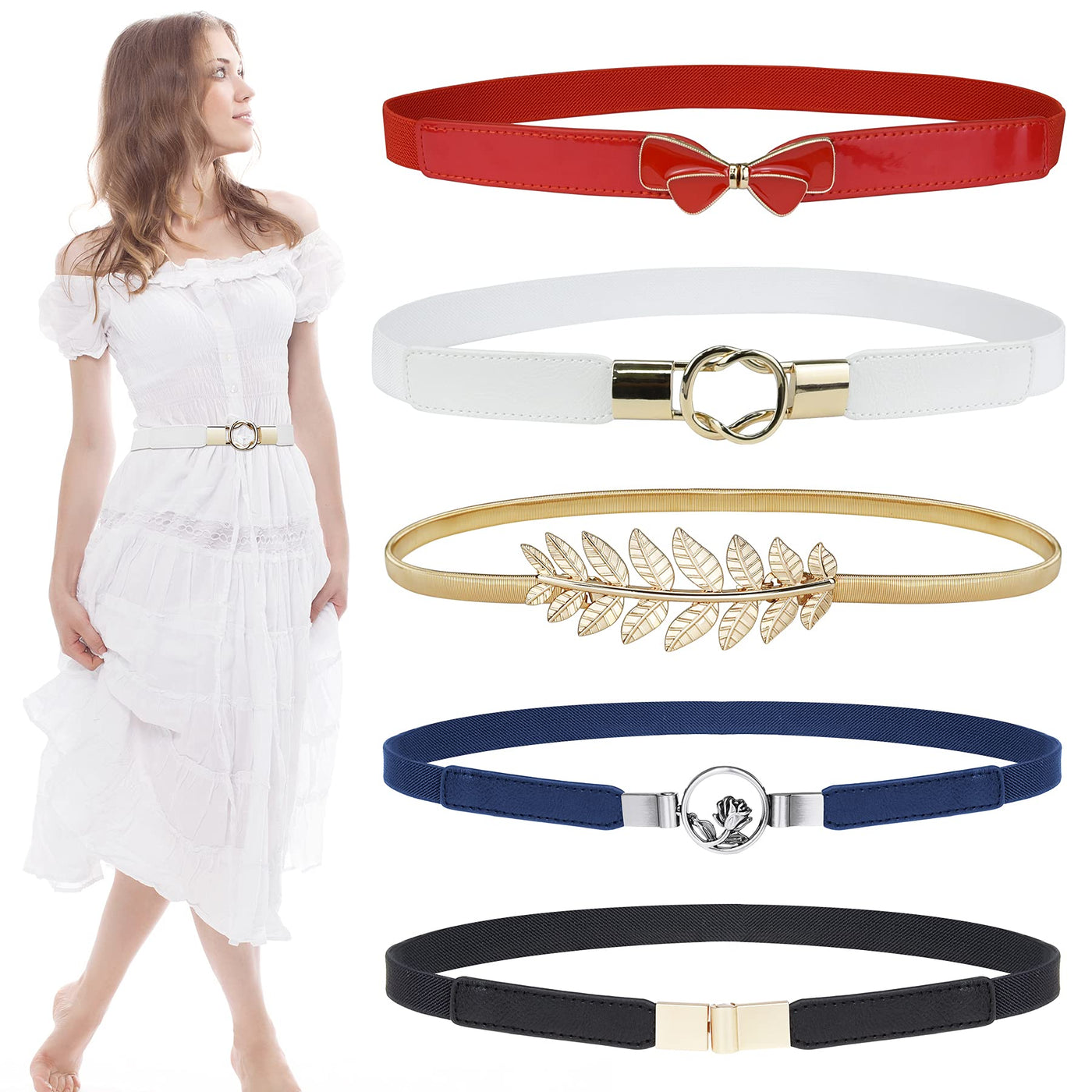 EAONE Skinny Belts for Women 5 Pack, Fashion Dress Belts Stretch Women Waist Belts Plus Size Elastic Waist Band for Dresses