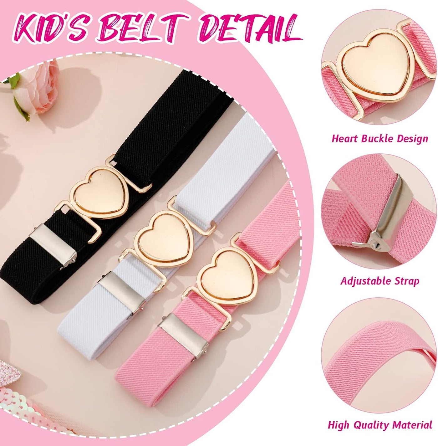 Firtink 3 Pack Girls Elastic Belts, Adjustable Kids Belt Elastic Stretch Belts with Heart Buckle for Boys Girls, Cute Heart Belt for Kids Toddler