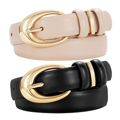 2 Pack Women Leather Belt for Jeans Pants Fashion Ladies Skinny Faux Leather Belt with Gold Buckle