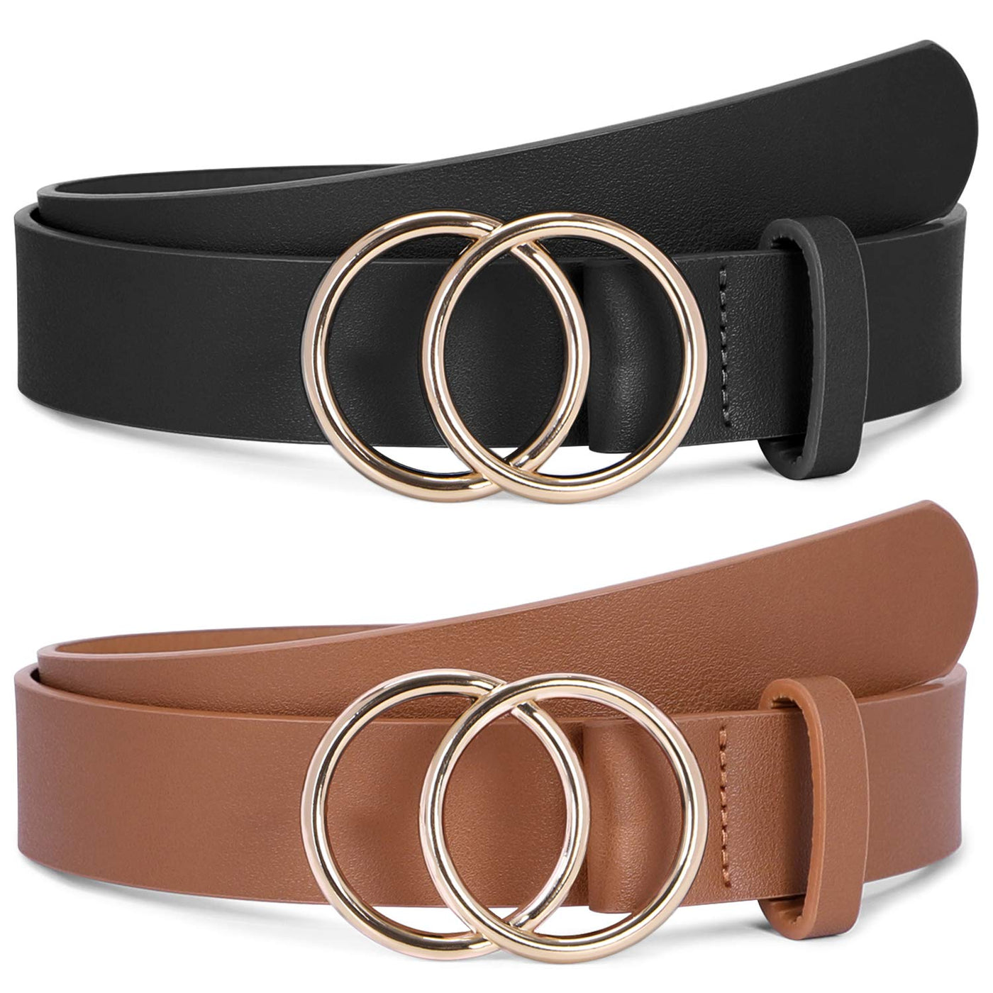 SUOSDEY Women Leather Belt Fashion Double O-Ring Soft Faux Leather Waist Belts For Jeans Dress