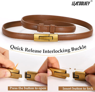 LEACOOLKEY Women Skinny Leather Belts Ladies Thin Waist Belts with Alloy Buckle for Dresses