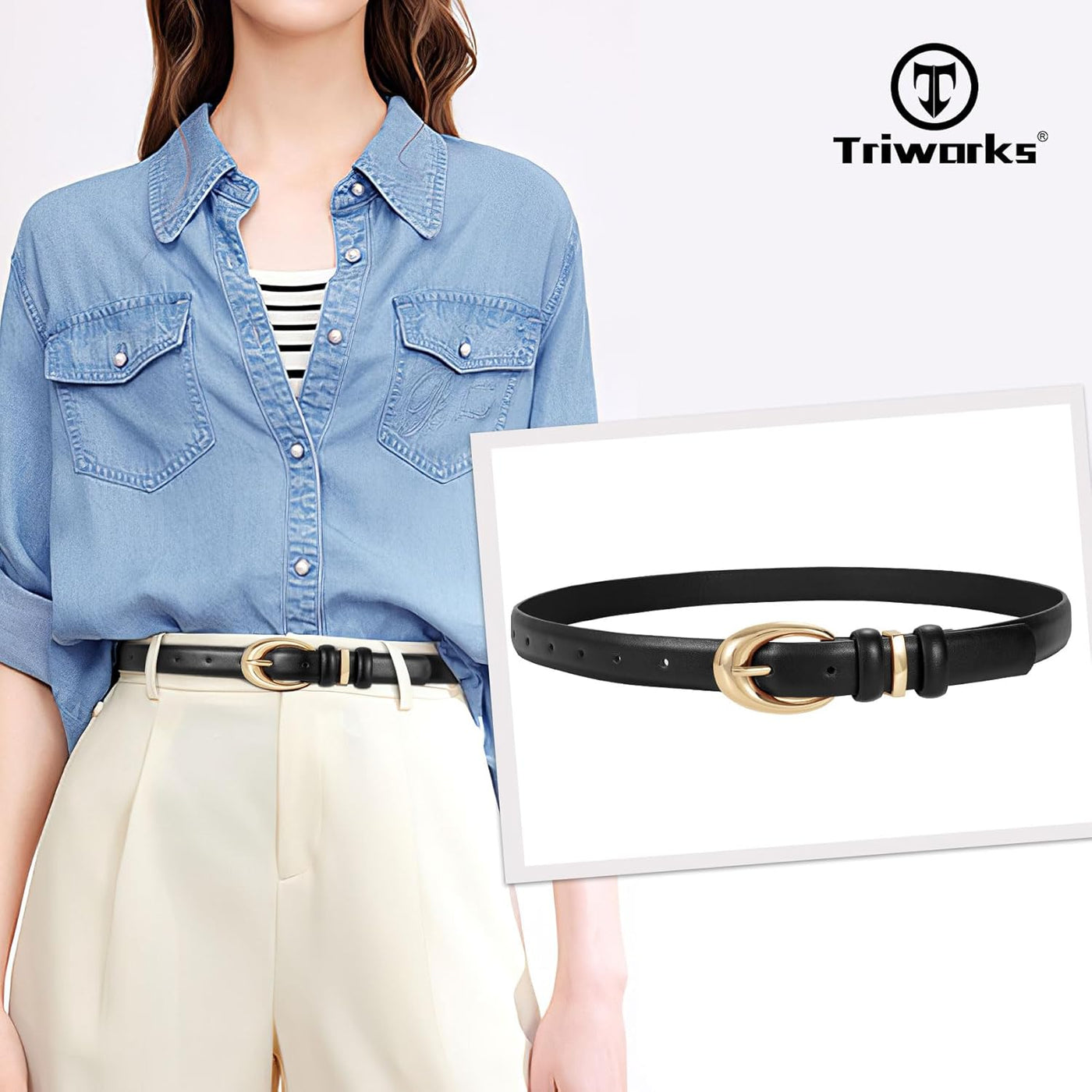 2 Pack Women Leather Belt for Jeans Pants Fashion Ladies Skinny Faux Leather Belt with Gold Buckle