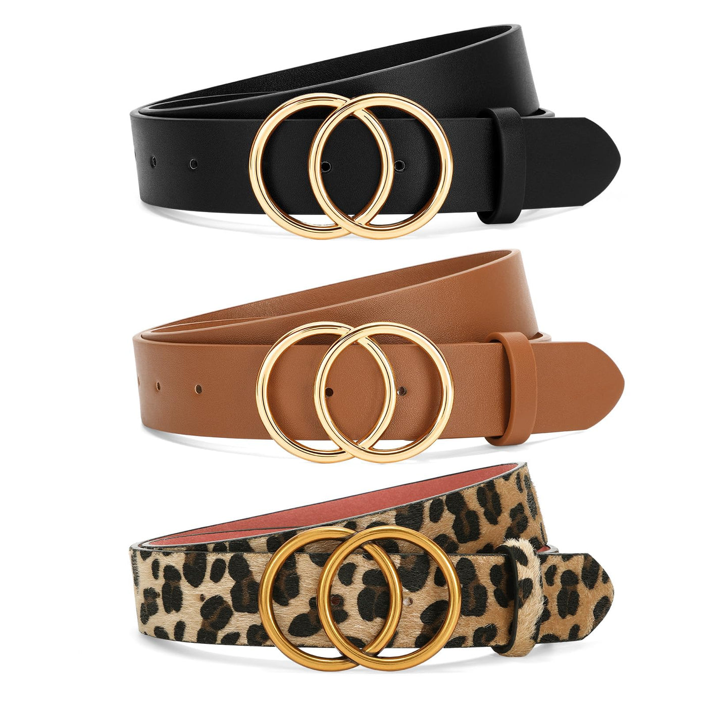 SANSTHS 3 Pack Women Waist Belts for Jeans Pants Dresses, Ladies Belt with Double O-Ring Gold Buckle