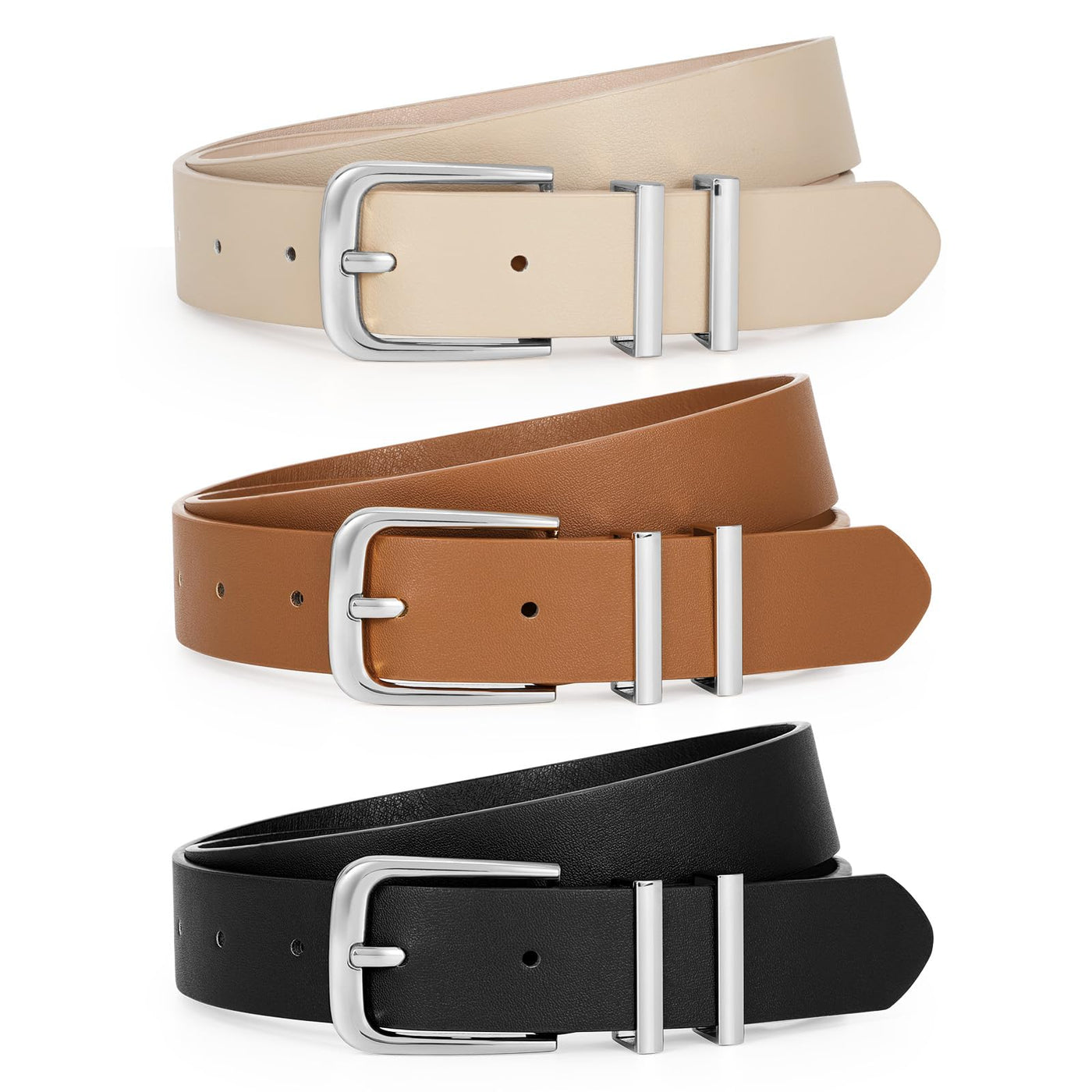 LEACOOLKEY 3 Pack Women's Leather Belts for Jeans Dress Pants Fashion Ladies Leather Belts with Gold/Sliver Buckle