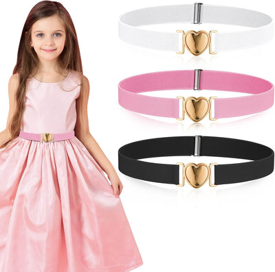 Firtink 3 Pack Girls Elastic Belts, Adjustable Kids Belt Elastic Stretch Belts with Heart Buckle for Boys Girls, Cute Heart Belt for Kids Toddler