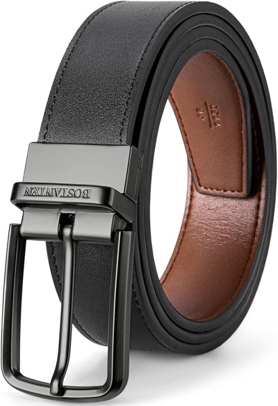 BOSTANTEN Belt Men Leather Reversible Belts for Men 1 3/8" for Casual Golf Dress Pants, Two-in-One Belt Gift