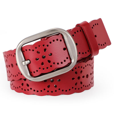 JASGOOD Women's Hollow Flower Genuine Leather Belt for Jeans Pants Wide Belt for Ladies