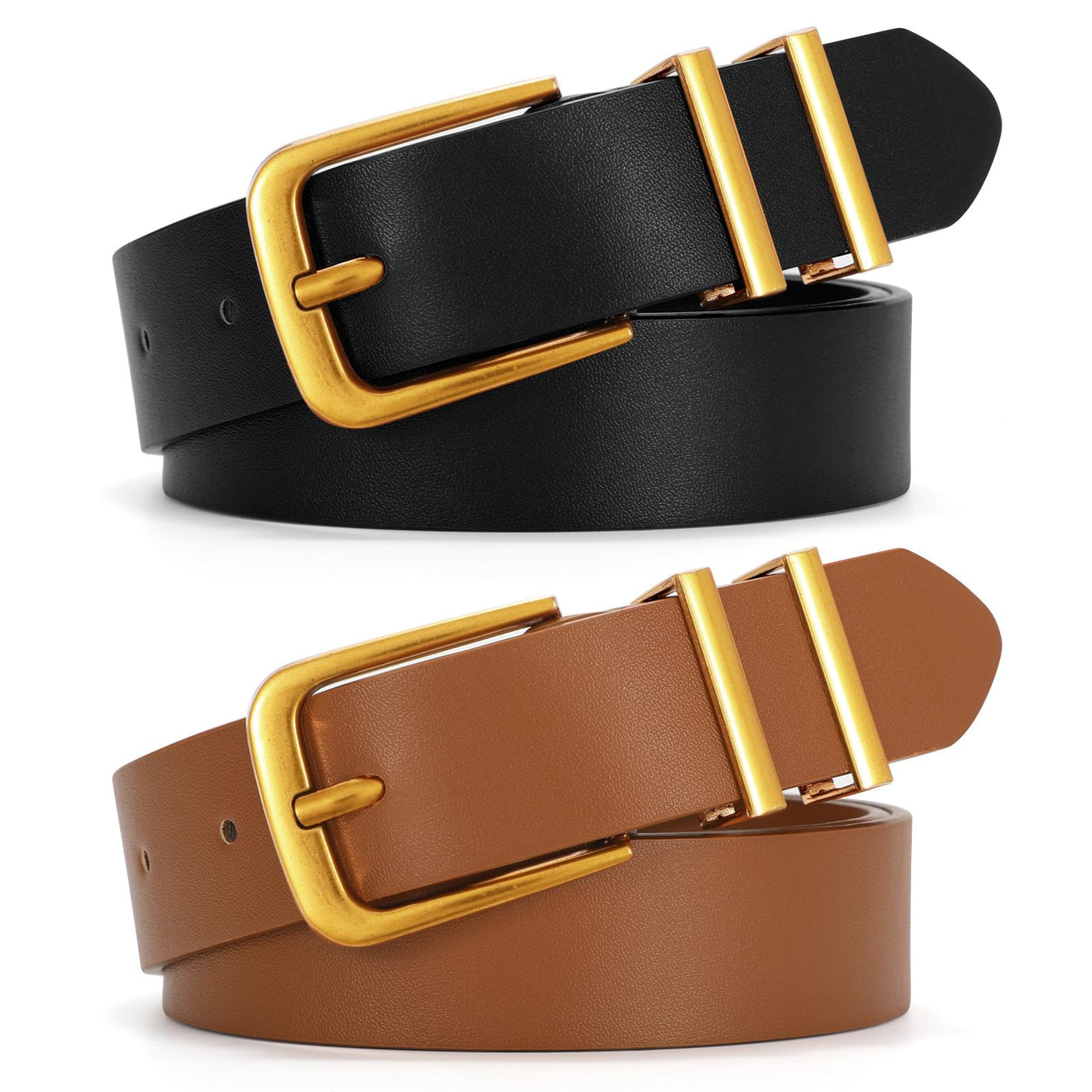 SANSTHS 2 Pack Women Belt for Jeans Pants, Simple Fashion Ladies Waist Belt with Gold Buckle, 1inch Width