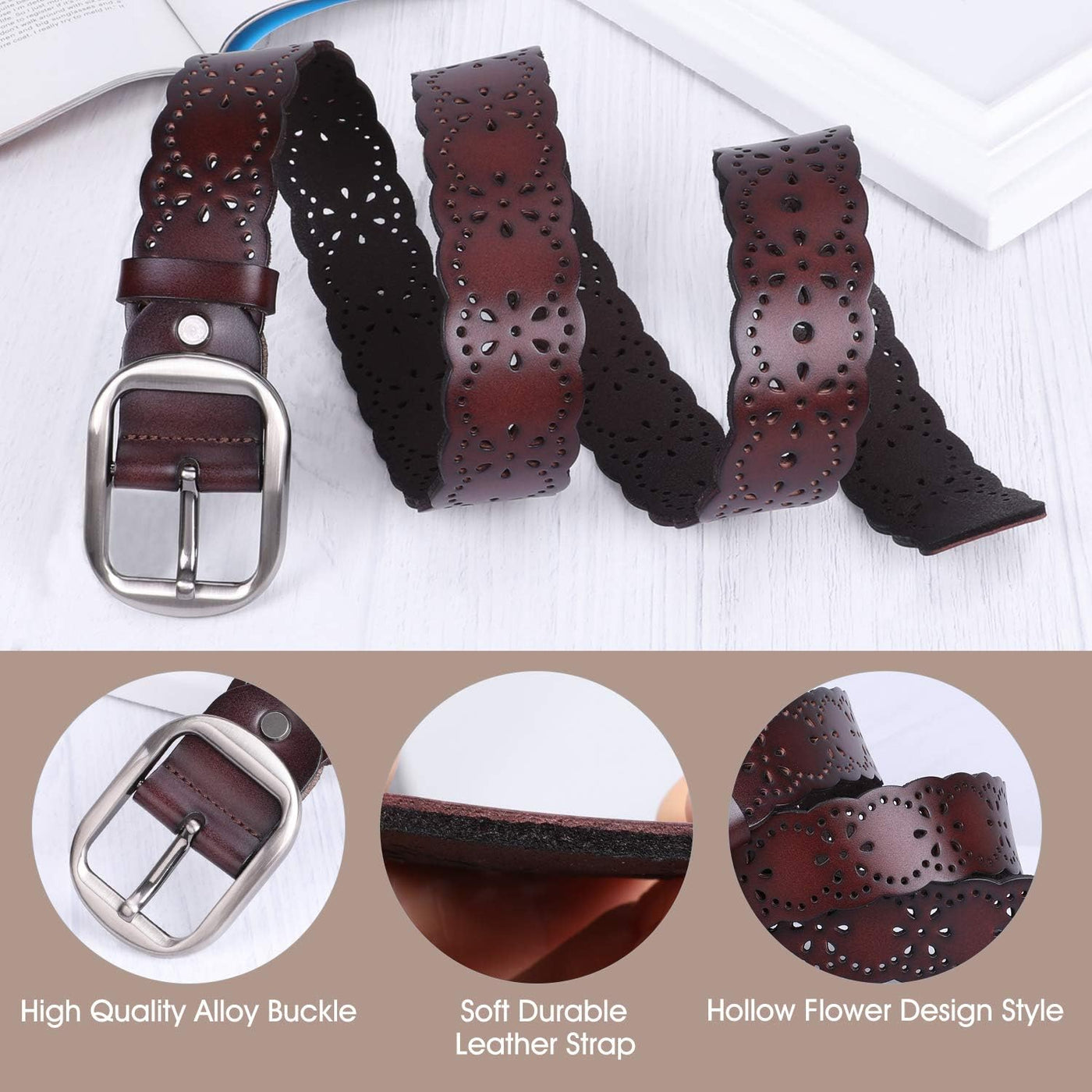 JASGOOD Women's Hollow Flower Genuine Leather Belt for Jeans Pants Wide Belt for Ladies