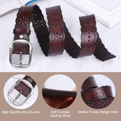 JASGOOD Women's Hollow Flower Genuine Leather Belt for Jeans Pants Wide Belt for Ladies