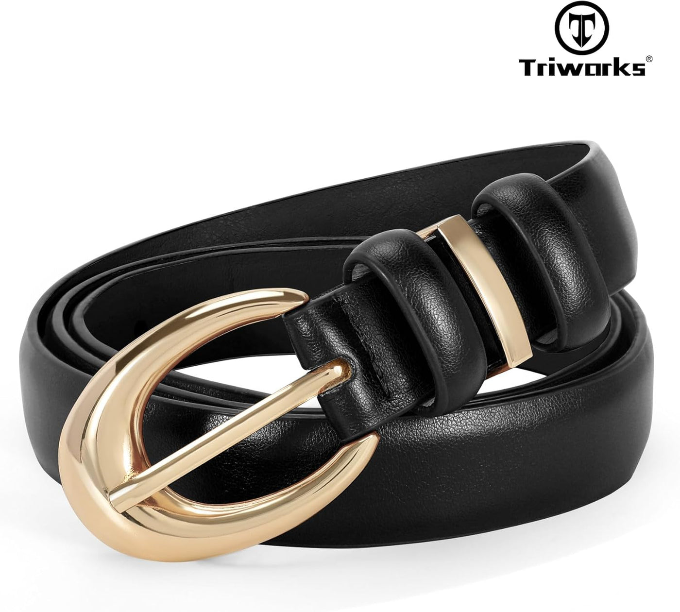 2 Pack Women Leather Belt for Jeans Pants Fashion Ladies Skinny Faux Leather Belt with Gold Buckle