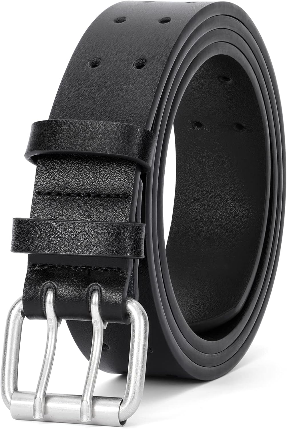 JASGOOD Men Double Prong PU Leather Belt Casual Work Heavy Duty Belt Double Grommet Holes Belt for Jeans