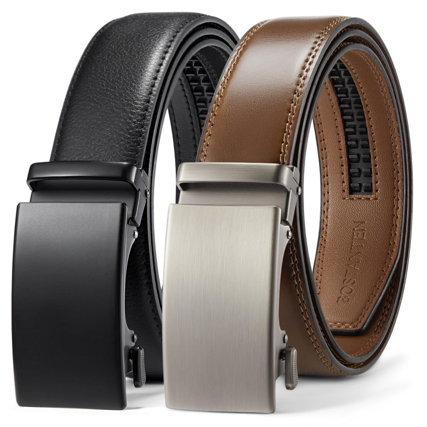 BOSTANTEN Ratchet Leather Belt For Men 2 Pack Dress and Casual with Adjustable Buckle, Trim to Fit