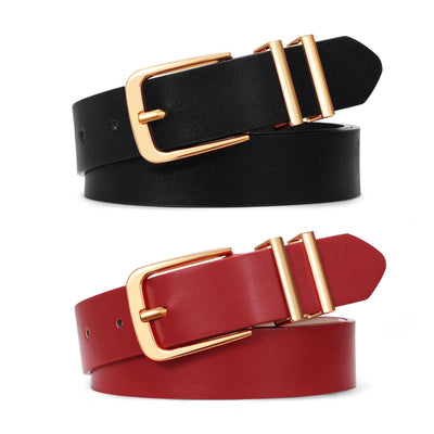 SANSTHS 2 Pack Women Belt for Jeans Pants, Simple Fashion Ladies Waist Belt with Gold Buckle, 1inch Width