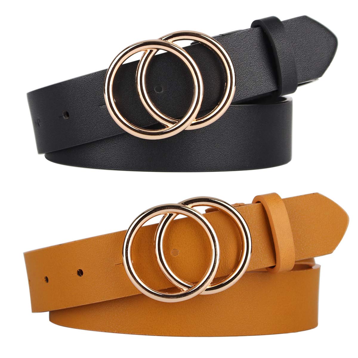 UnFader Pack 2 Women Belts for Jeans with Fashion Double O-Ring Buckle and Faux Leather