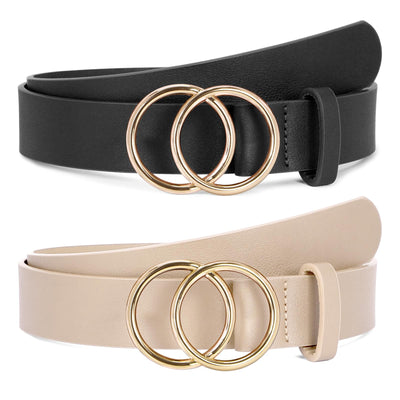 SUOSDEY Women Leather Belt Fashion Double O-Ring Soft Faux Leather Waist Belts For Jeans Dress