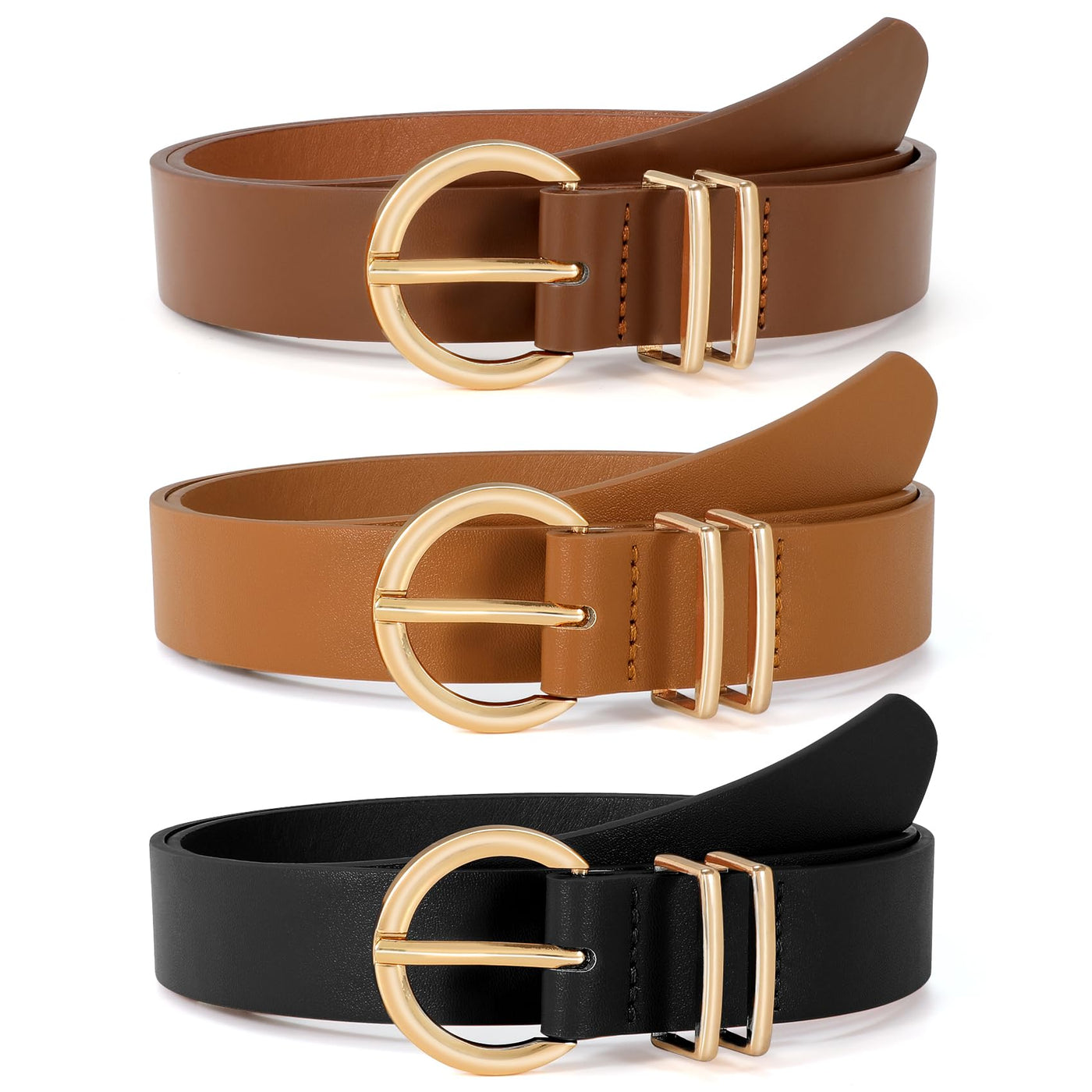 VONMELLI 3 Pack Women's Leather Belts for Jeans Dresses Ladies Waist Belt with Fashion Gold Buckle
