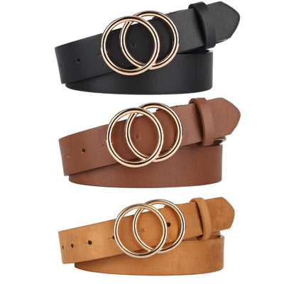 UnFader Pack 2 Women Belts for Jeans with Fashion Double O-Ring Buckle and Faux Leather