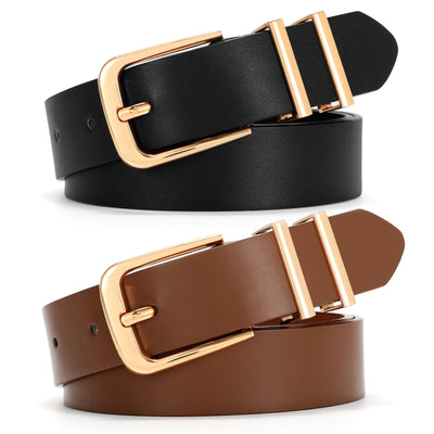 SANSTHS 2 Pack Women Belt for Jeans Pants, Simple Fashion Ladies Waist Belt with Gold Buckle, 1inch Width
