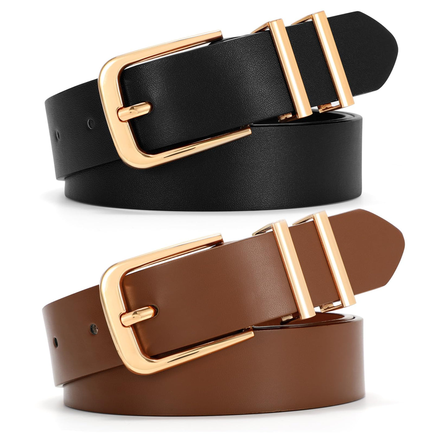 SANSTHS 2 Pack Women Belt for Jeans Pants, Simple Fashion Ladies Waist Belt with Gold Buckle, 1inch Width