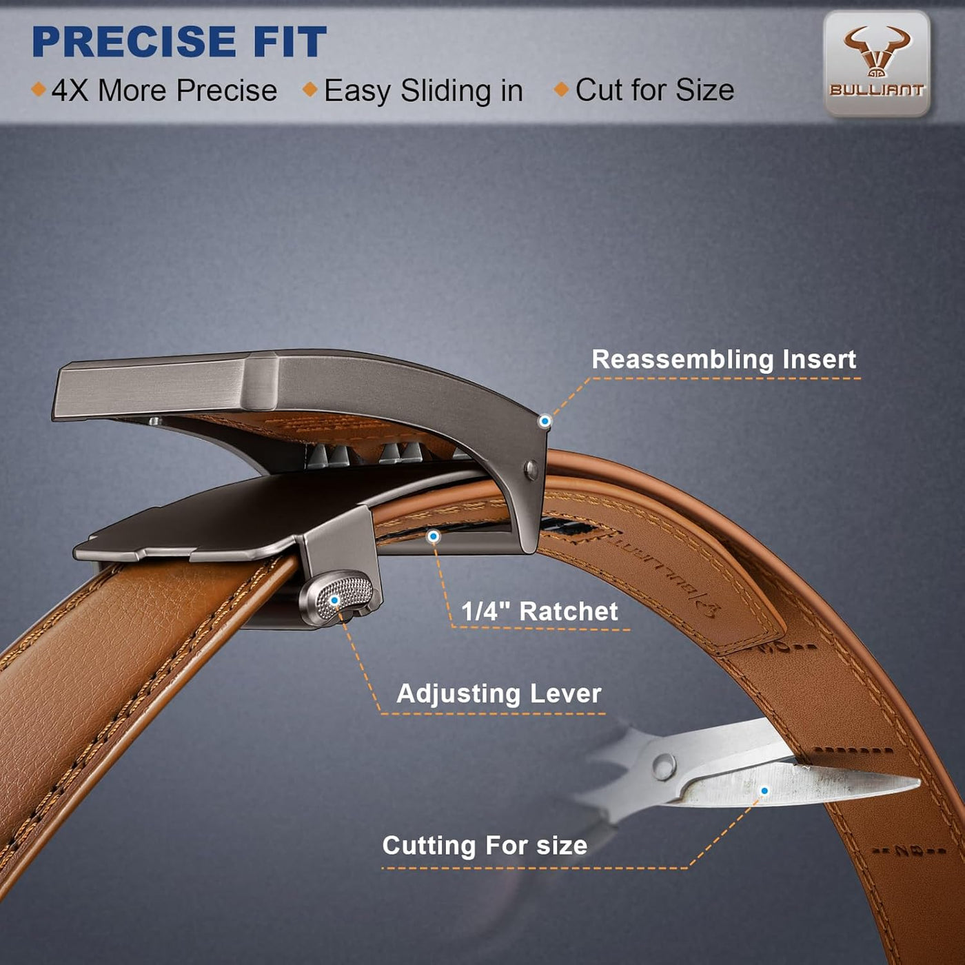 BULLIANT Men Belt 2Pack,Ratchet Click Adjustable Belt Genuine Leather For Gift Men Dress Casual Tailless Design-Cut For Fit