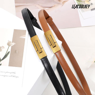 LEACOOLKEY Women Skinny Leather Belts Ladies Thin Waist Belts with Alloy Buckle for Dresses