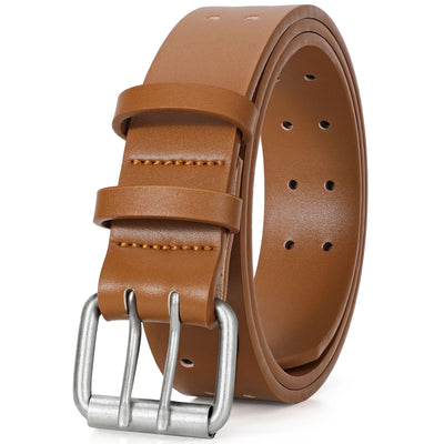 JASGOOD Men Double Prong PU Leather Belt Casual Work Heavy Duty Belt Double Grommet Holes Belt for Jeans