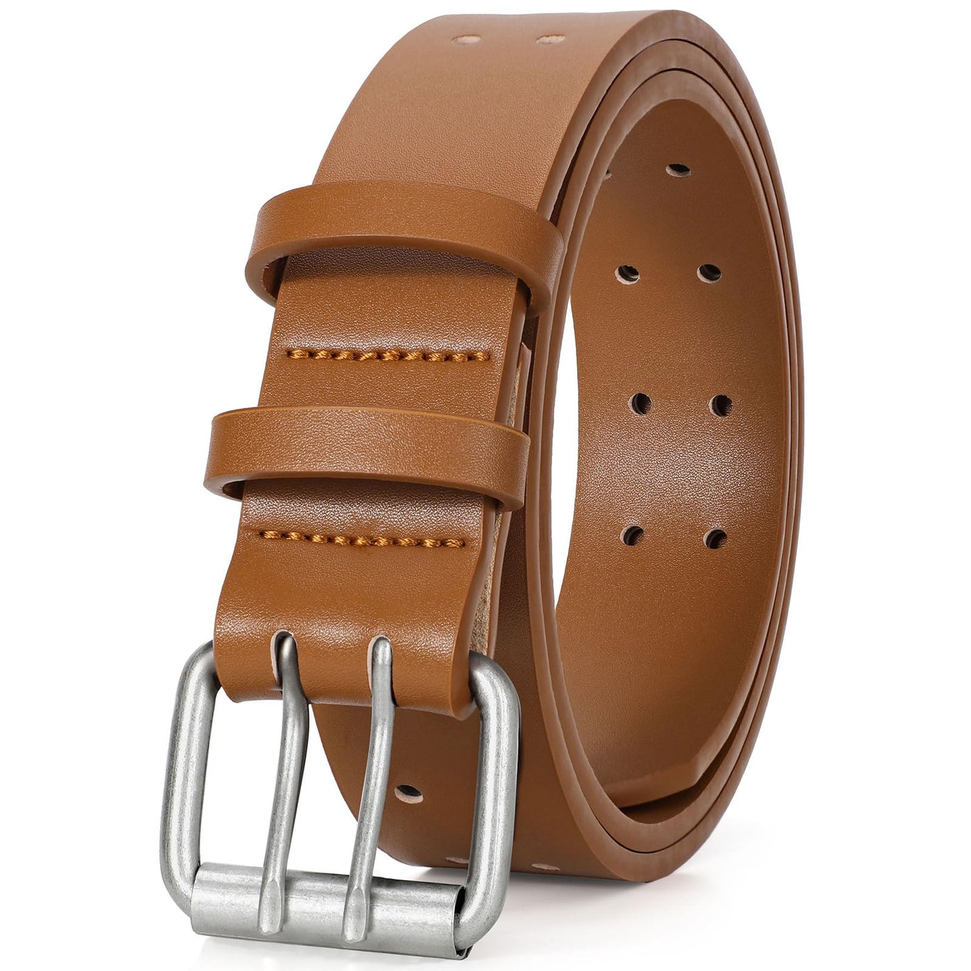 JASGOOD Men Double Prong PU Leather Belt Casual Work Heavy Duty Belt Double Grommet Holes Belt for Jeans