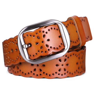 JASGOOD Women's Hollow Flower Genuine Leather Belt for Jeans Pants Wide Belt for Ladies