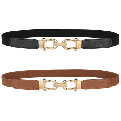 JASGOOD Women Skinny Elastic Belt for Dresses,Thin Retro Stretch Waist Belt with Golden Buckle