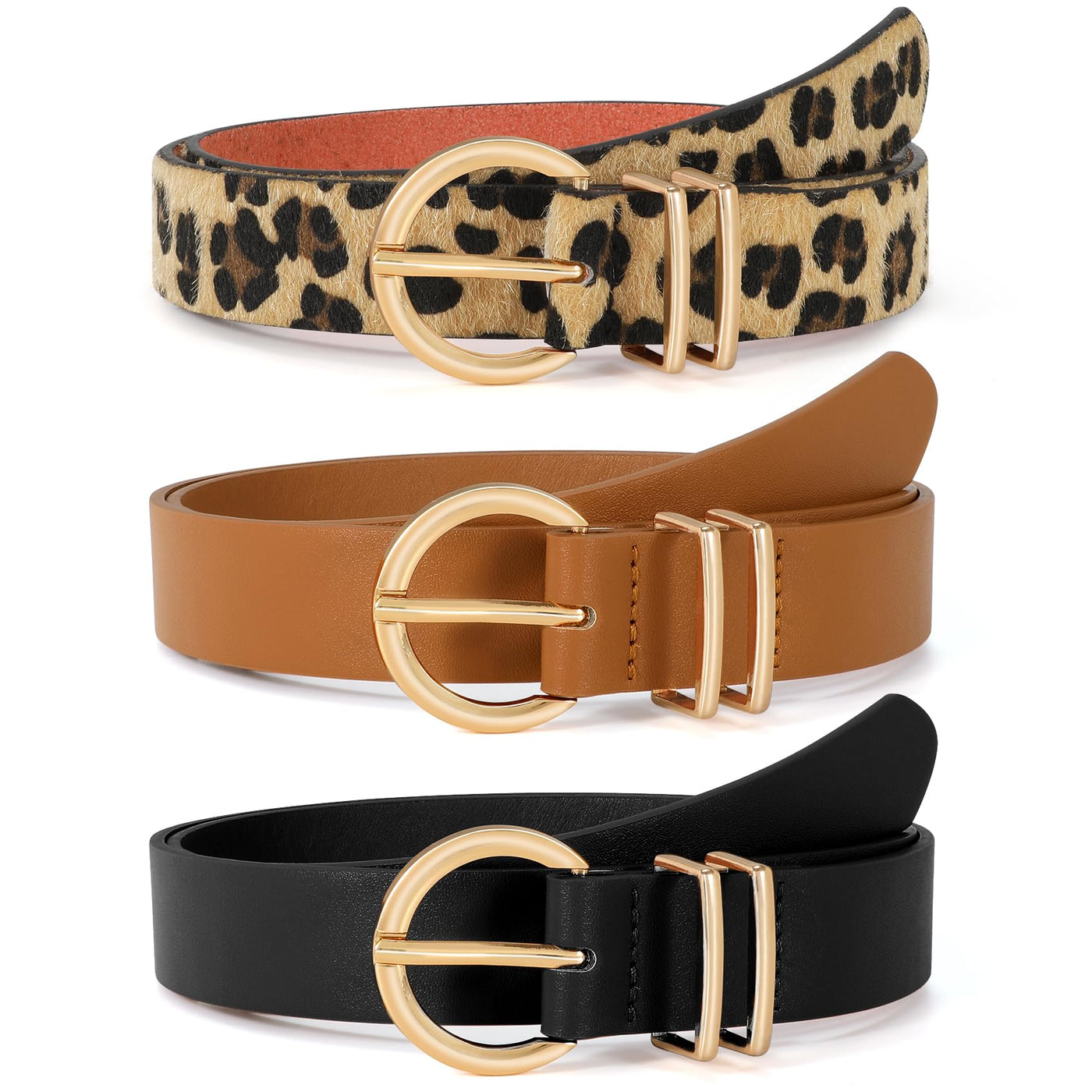 VONMELLI 3 Pack Women's Leather Belts for Jeans Dresses Ladies Waist Belt with Fashion Gold Buckle