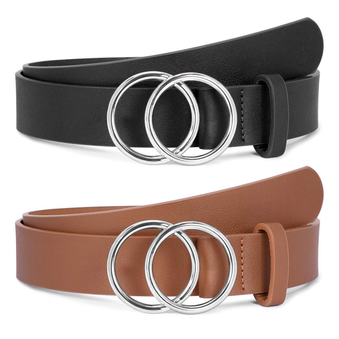 SUOSDEY Women Leather Belt Fashion Double O-Ring Soft Faux Leather Waist Belts For Jeans Dress