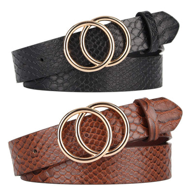 UnFader Pack 2 Women Belts for Jeans with Fashion Double O-Ring Buckle and Faux Leather
