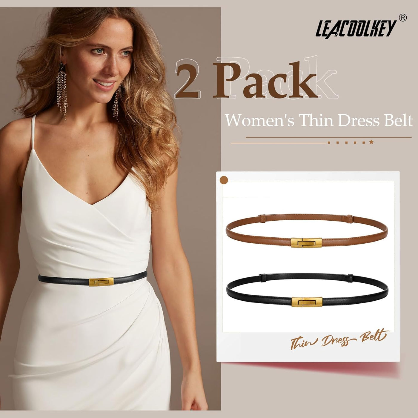 LEACOOLKEY Women Skinny Leather Belts Ladies Thin Waist Belts with Alloy Buckle for Dresses