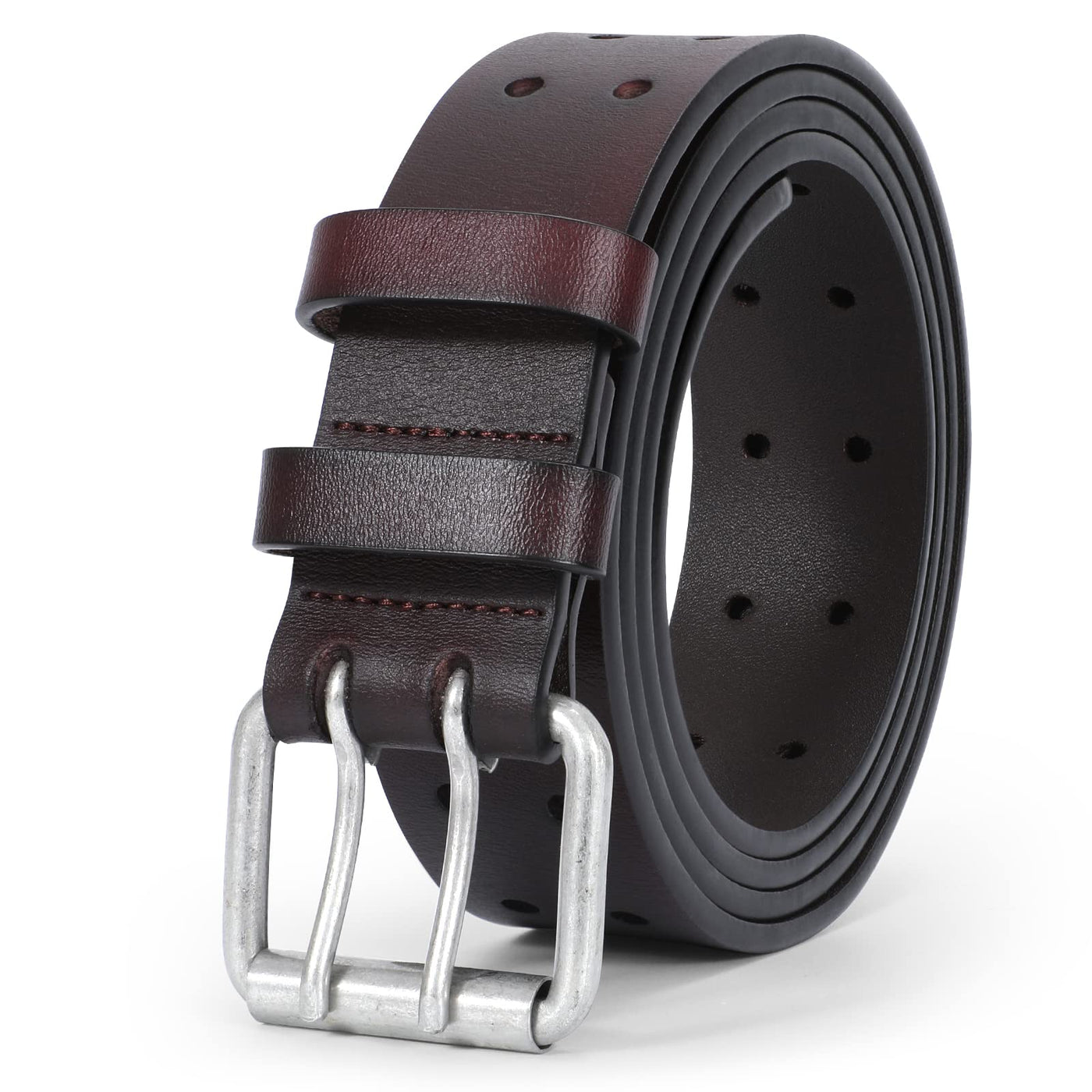 JASGOOD Men Double Prong PU Leather Belt Casual Work Heavy Duty Belt Double Grommet Holes Belt for Jeans