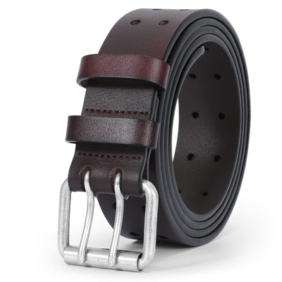 JASGOOD Men Double Prong PU Leather Belt Casual Work Heavy Duty Belt Double Grommet Holes Belt for Jeans