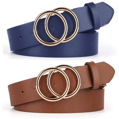 UnFader Pack 2 Women Belts for Jeans with Fashion Double O-Ring Buckle and Faux Leather